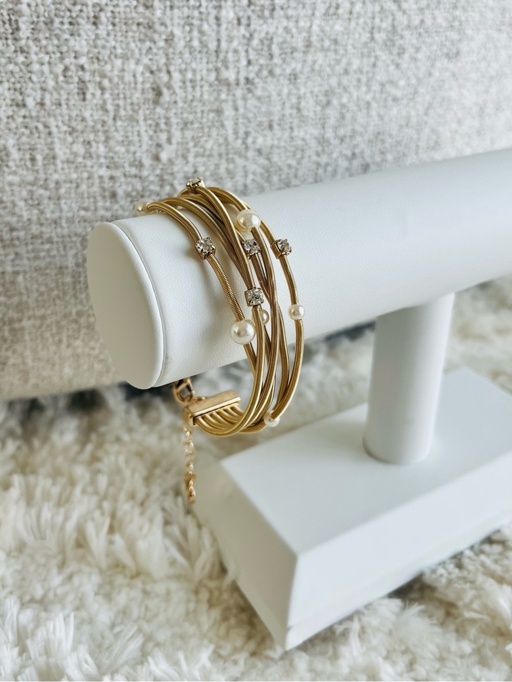 Anne Klein Pearl Gold-Tone and Crystal Glass Stationed Cuff Bracelet
